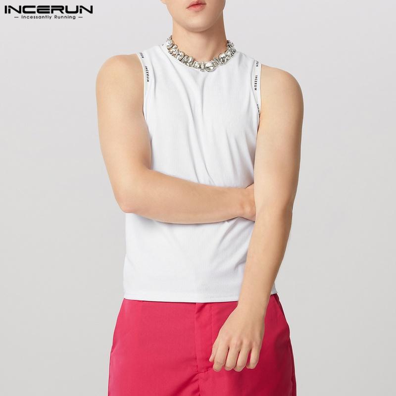 

INCERUN Men Round Neck Sleeveless Print Patchwork Rib Sport Summer Tank Tops S белый