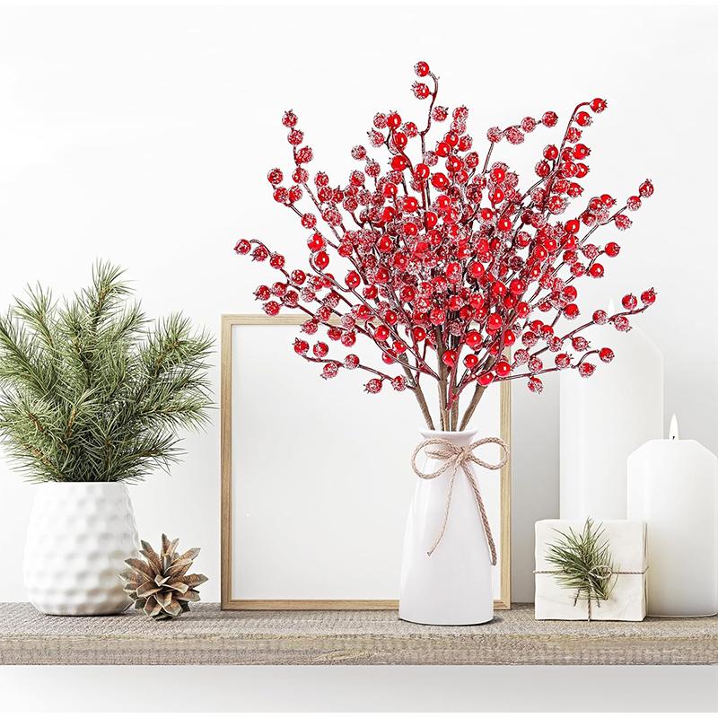 1Pc Christmas Decoration White Snow Red Berries Stems Artificial Bouquet Xmas Tree Ornament Home Decor New Year 2025 Accessories