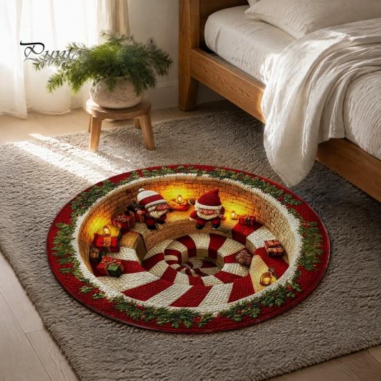 Holiday Gift for Home Christmas Round Area Rug, 3D Optical Illusion Floor Mat with Santa Candy Cane Seasonal Festive Covering Print, Non-Slip