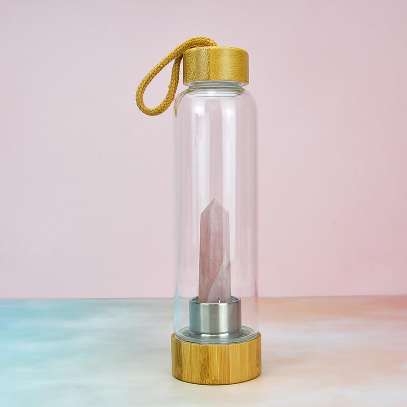 Crystal Stone Energy Pillar Glass Water Cup Bamboo Cap Natural Crystal Set Glass Cup