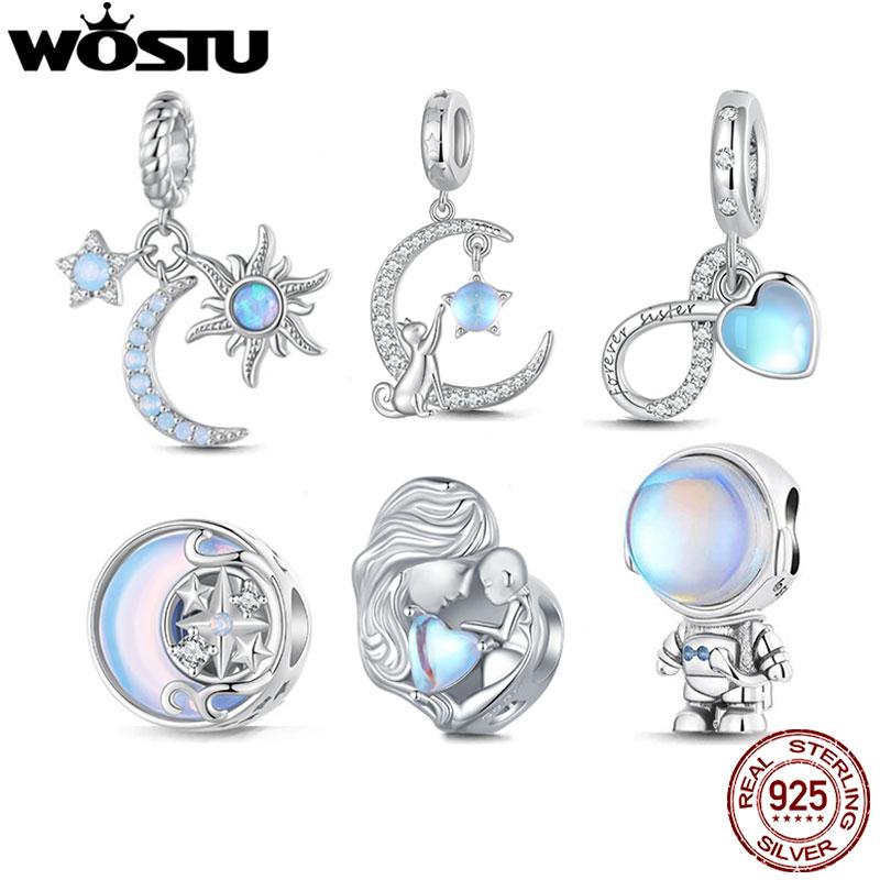 WOSTU 925 Silver Moonstone Charms Heart Beads Astronaut Moon Pendant Fit Bracelet DIY Necklace Jewelry Making