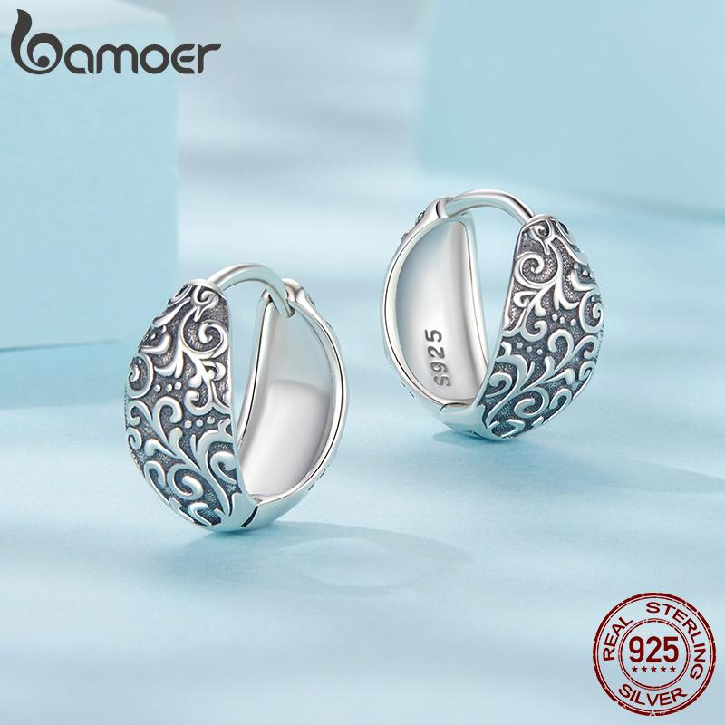 BAMOER Solid 925 Sterling Silver Retro Pattern Hoop Earrings for Women Hypoallergenic Lightweight Personalized Fine Jewelry