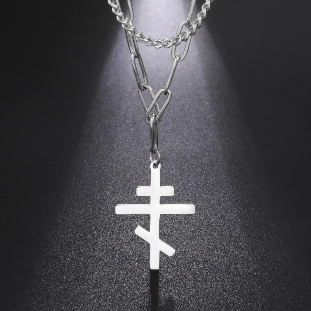 Ins Style Double Strand Eastern Orthodox Cross Necklace Titanium Steel Unisex