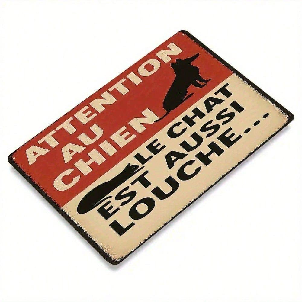 Vintage French Pet Warning Metal Sign, Rustic Dog Cat Tin Plaque, Funny Wall Decor for Home