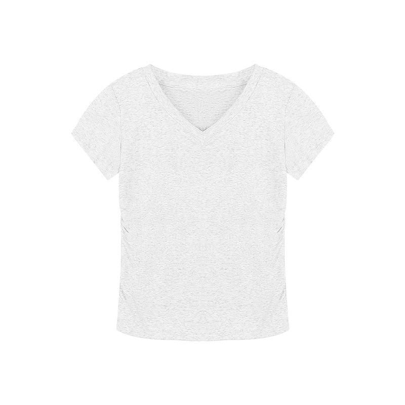 

V-neck short-sleeved T-shirt women s summer new front shoulder slim-fitting and thin pleated short student solid-color top trendy XXL сірий колір