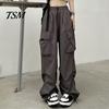 Trousers Women Cargo Pants Hip Hop Baggy Solid Color Multi Pockets Elastic Waist Match Top Loose Breathable Lady Clothes