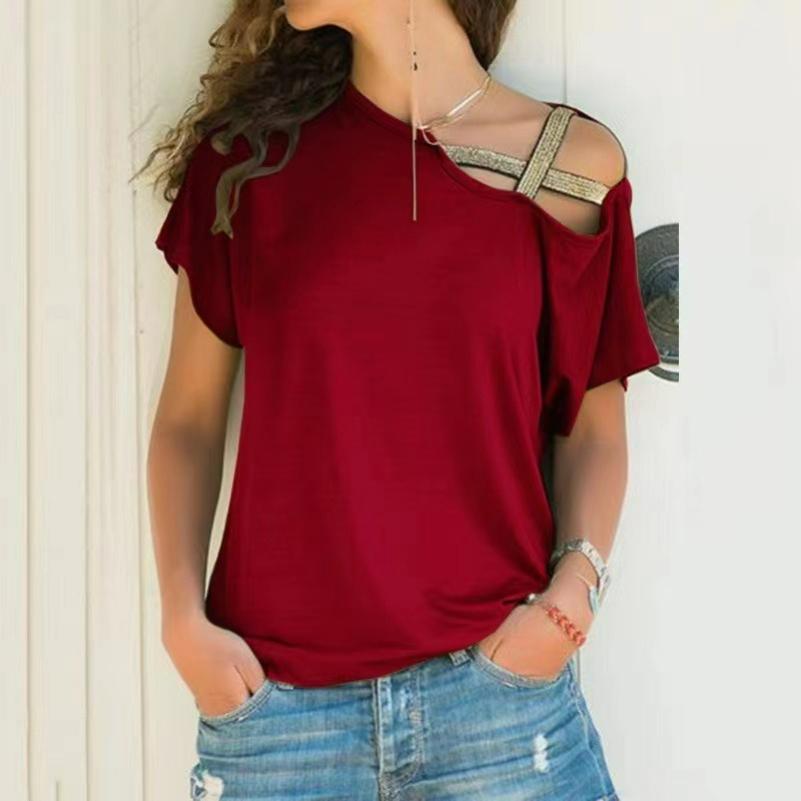 Summer Fashion Casual Off-the-shoulder Cross-over Asymmetrical Short-sleeve T-shirt for Women, Trendy. S красный