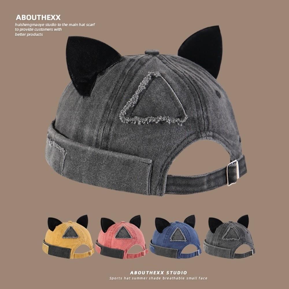 Unisex Cotton Cat Ears Brimless Hat Breathable Washed Old Beanie Hat Solid Color Beanie Cap