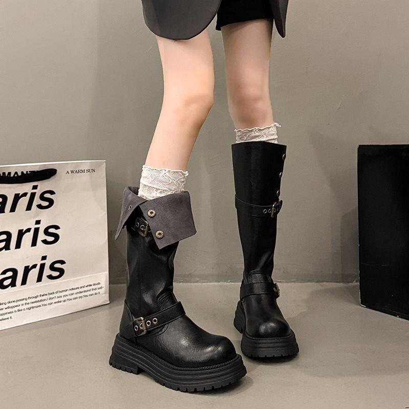 2025 New British Style Thick-soled Black Slim Boots Tall Thick-heeled Boots Women's Retro Autumn and Winter Knight Boots