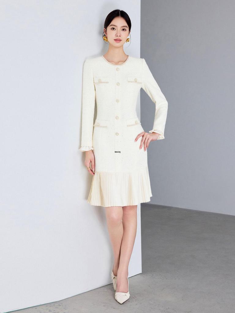 Beiges Kleid im französischen Stil mit Plisseefalten und langen Ärmeln für Damen - 2025 Elegantes, schlankmachendes Design