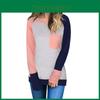 Autumn Womens Tops Round Collar Stitched Color Long Sleeve Pocket Tshirt
