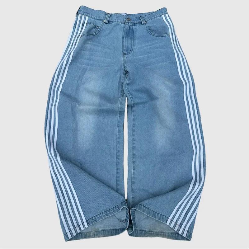 ZYLLO Y2K Baggy Jeans Hohe Qualität Bestickt Gestreift Harajuku Jogginghose Herren Damen Hip Hop Streetwear Lässige Weitbeinige Jeans S blau