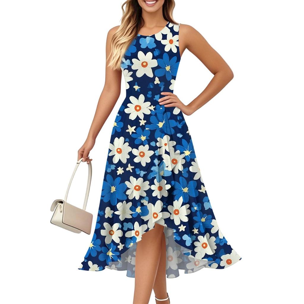 Women's Fashion Casual Zipper Sleeveless Round Neck Independence Day Elegant Temperament Ruffle Dresses Dresses