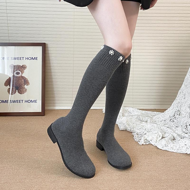 Fashion versatile retro square head thick heel heightened boots autumn and winter new simple pearl fashion boots socks boots
