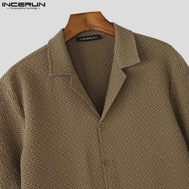 INCERUN S-5XL Men Lapel Short Sleeve Texture Buttons Casual Loose Shirts