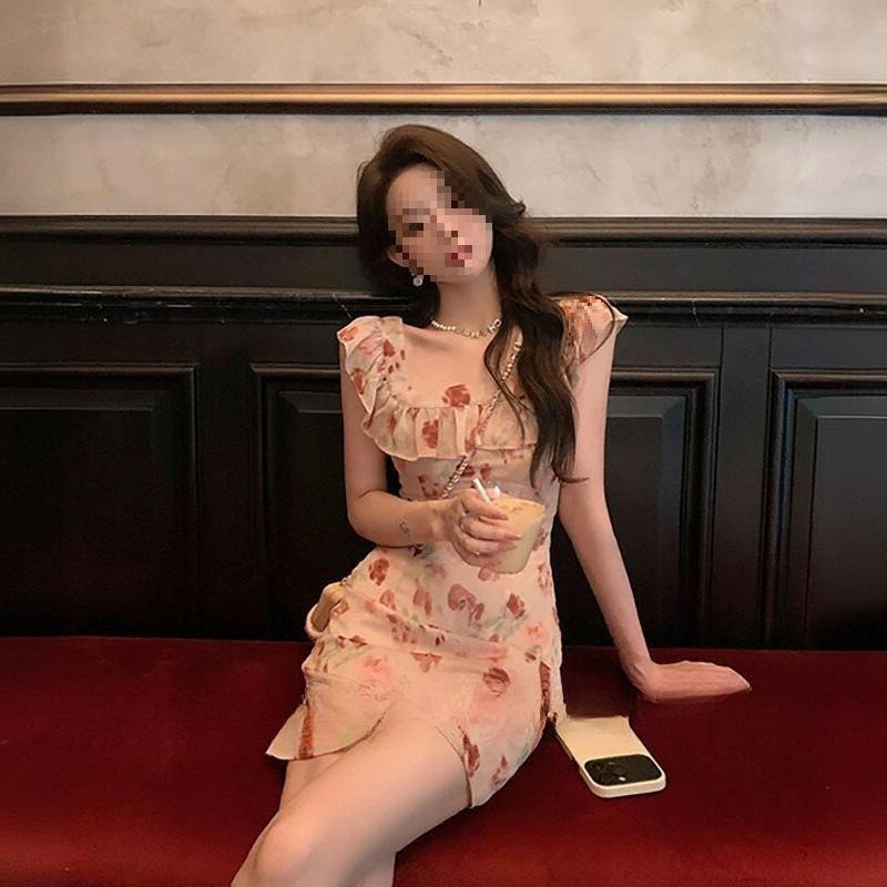 Holiday Style Summer New French Sweet Sleeveless Floral Temperament Waist and Thin Print Dress