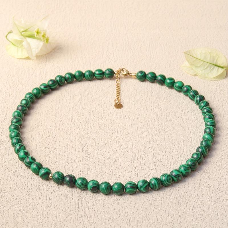 Malachite Beaded Choker Necklace with Gold Accents – Natural Stone Protection Jewelry for Women, Dainty Boho Gift