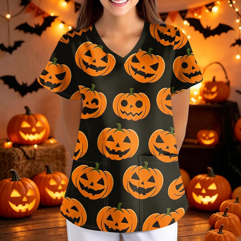 Women V Neck Short Sleeve Scrub Top with Halloween Print Loose Fit Nursing Uniform with Pockets for Healthcare Work