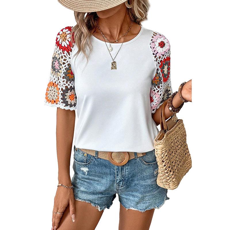 

Shiying Women s Summer Crochet Crew Neck Short-Sleeve Casual Pullover Top S белый