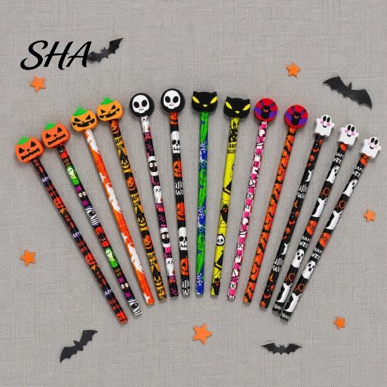 Creative Graffiti Pencils 12 Pcs Halloween with 3D Skull Ghost Pumpkin Cat Erasers, Erasers Wood Bulk for Goodie Bags, School Classroom Rewards