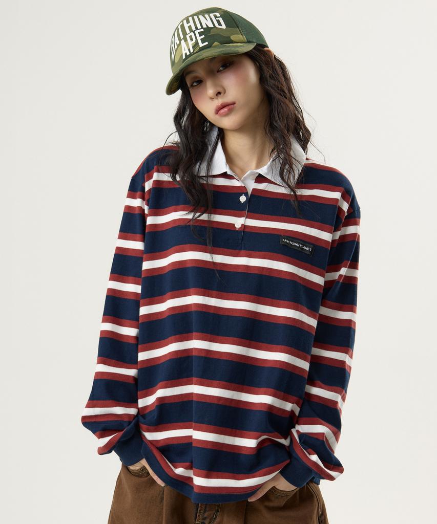 UNKNOWN PLANET Ivy Stripe Rugby Collar Shirt Brown