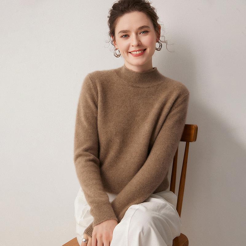 Women's 100% Cashmere Thickened Long Sleeve Sweater - Half-High Neck, Versatile Knit Base Layer for Autumn/Winter