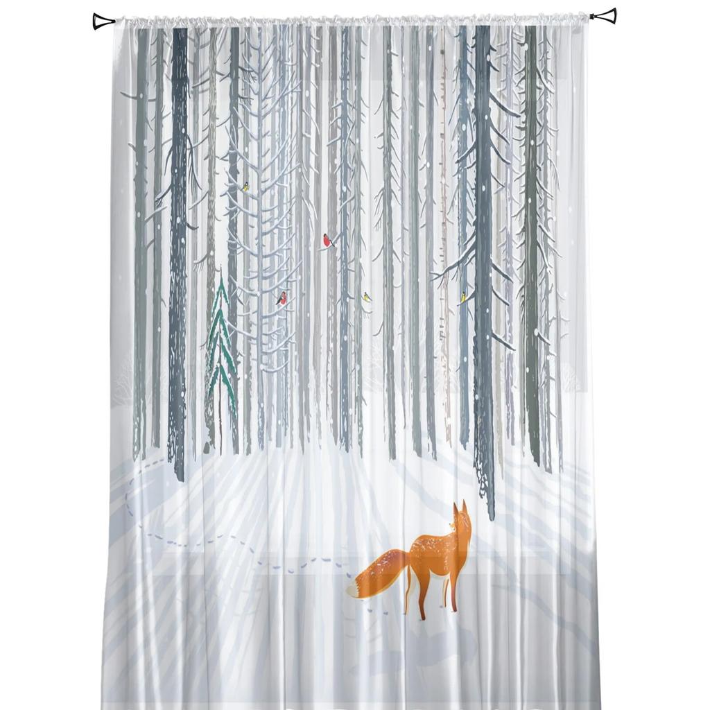Animal Bird Fox Forest Winter Window Curtains for Living Room Kitchen Door Curtain Sheer Curtains for Bedroom