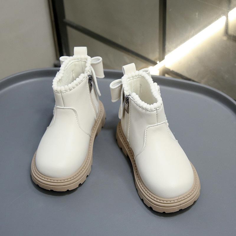 Girls fashion short boots 2025 new spring and autumn children's foreign style bow princess leather boots girls versatile Martin boots