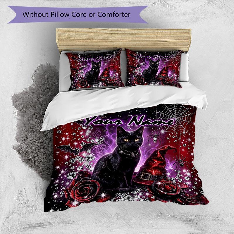 3PC Custom Name Gothic Cat Roses Bedding Set Printed Bedding Set Duvet Cover Closure Includes 1 Duvet Cover & 2 Pillowcases for All Seasons Bedroom