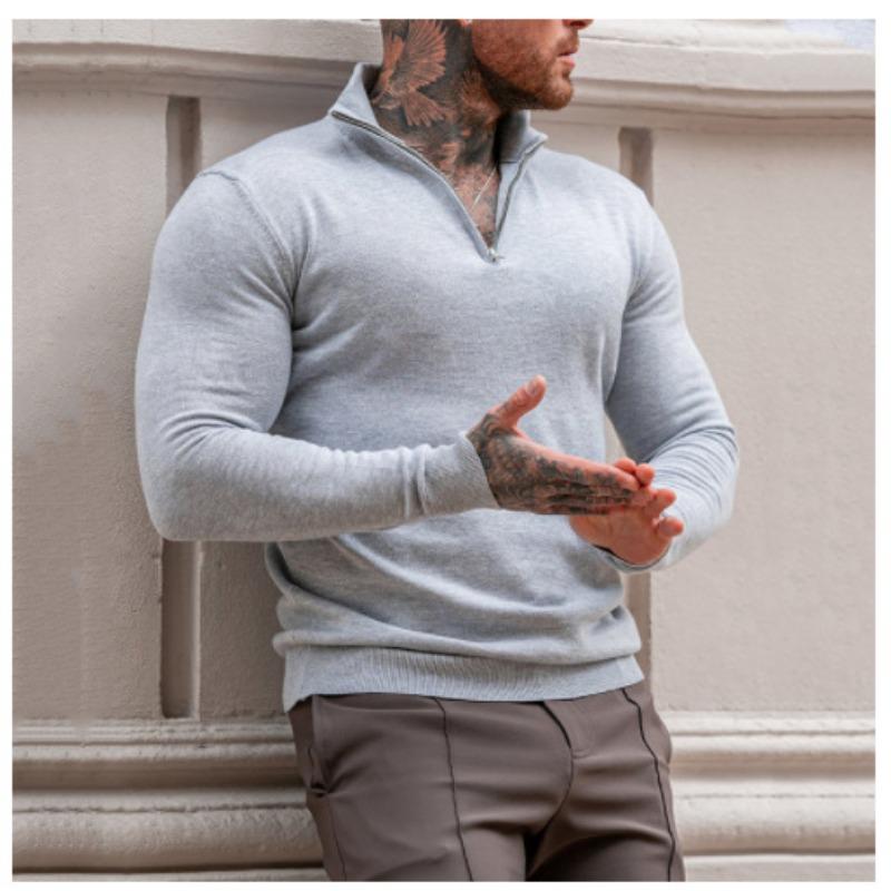 Men S Solid Color Half Zip Stand Collar Long Sleeve Knit Sweater