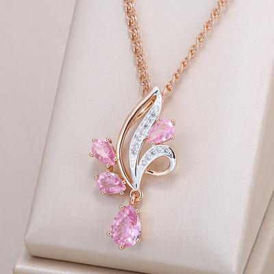 Collana Ciondolo Fiore Zircone Naturale Rosa Lucido per Donna Moda Colore Oro Rosa Mix Gioielli Etnici Quotidiani