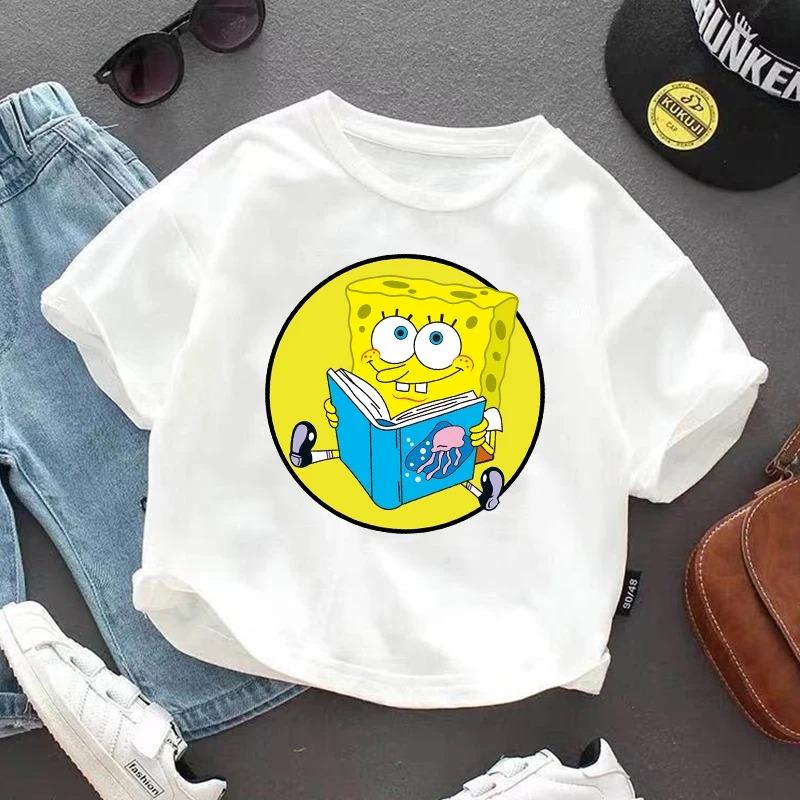 Shortsleeve Tshirt for Children of SpongeBobcotton Jersey with Anime Character Print Casual Summer Tshirts with Round Neck