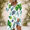 Women White Floral Leaf Printed Criss Cross V Neck Long Sleeve Fitted Curved Hem Dress