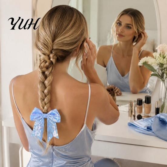 Stage Costume Accessories Sequins Hair Bows, Elastic Tie, Large Cheerleading Shiny Bows for Girls Band Ponytail Holder, Glitter Scrunchies Women Teens