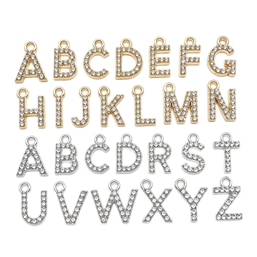 Gold White K Zinc Alloy Rhinestone 26-Letter Pendant for DIY Jewelry Accessories, Necklace, or Keychain.