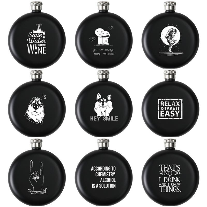 Black Stainless Steel Hip Flask Portable 5oz Round Wine Pot Laser Print Business Gift