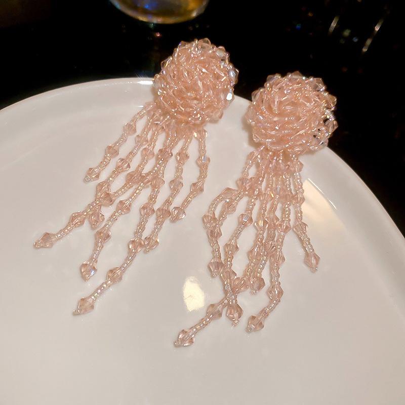 Silver Needle Fabric Flower Glass Fringed Earrings Medium Antique Temperament Stud Earrings Design Sense Niche Earrings