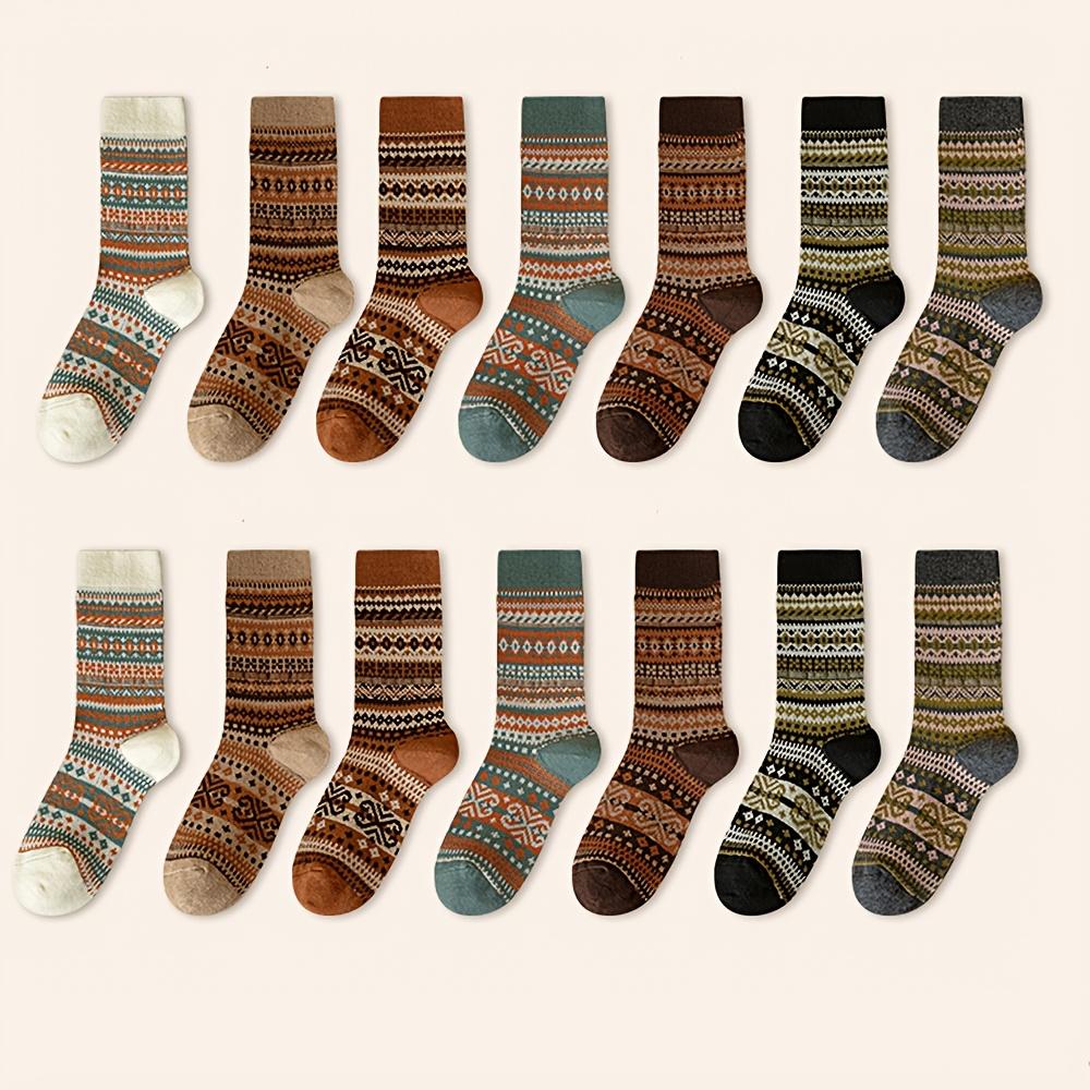 

Retro 7-Color Mid-Calf Socks for Women - Ethnic Style, Fashionable Chunky Design for Autumn and Winter One size fits all