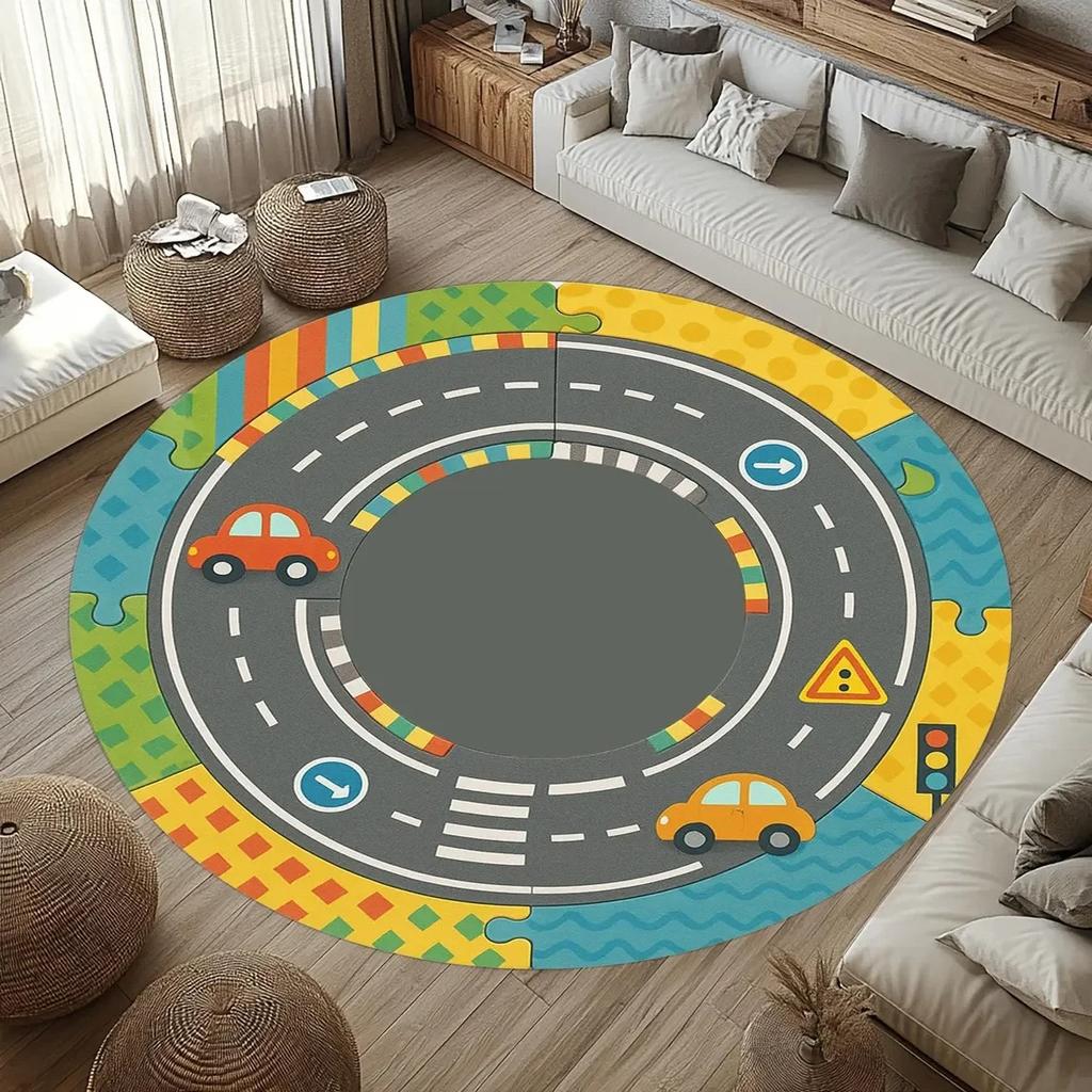 Fun Race Track Round Rug Soft Playful Floor Mat for Kids Room Living Room or Under Swivel Chair  Living Room Decoration Bedroom