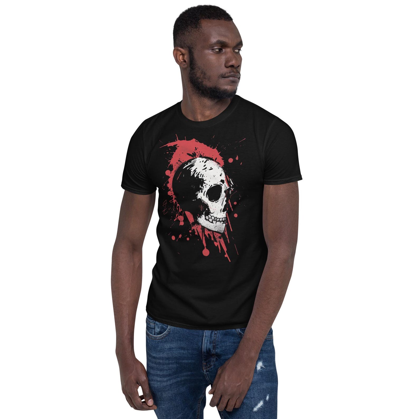 Grunge Skull T-Shirt – Unisex Red Splatter Gothic Graphic Tee – Perfect for Alternative Fashion Lovers 4XL
