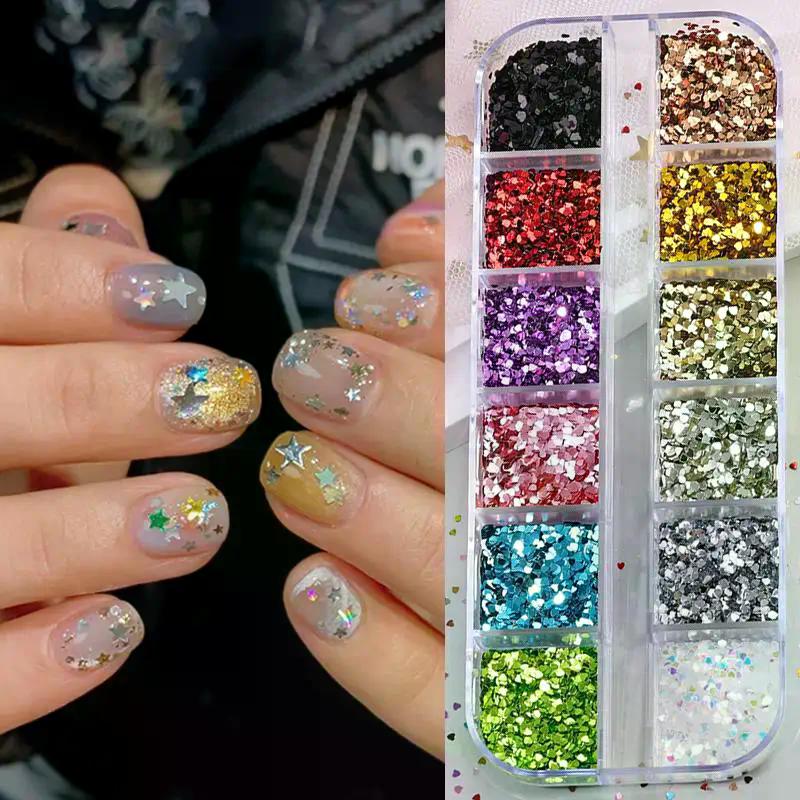 12 Grids Mixed Star Heart Nail Glitter 1mm Star Sequin Nail Art DIY Colorful Sparkling Nail Charms Nail Decoration Accessories