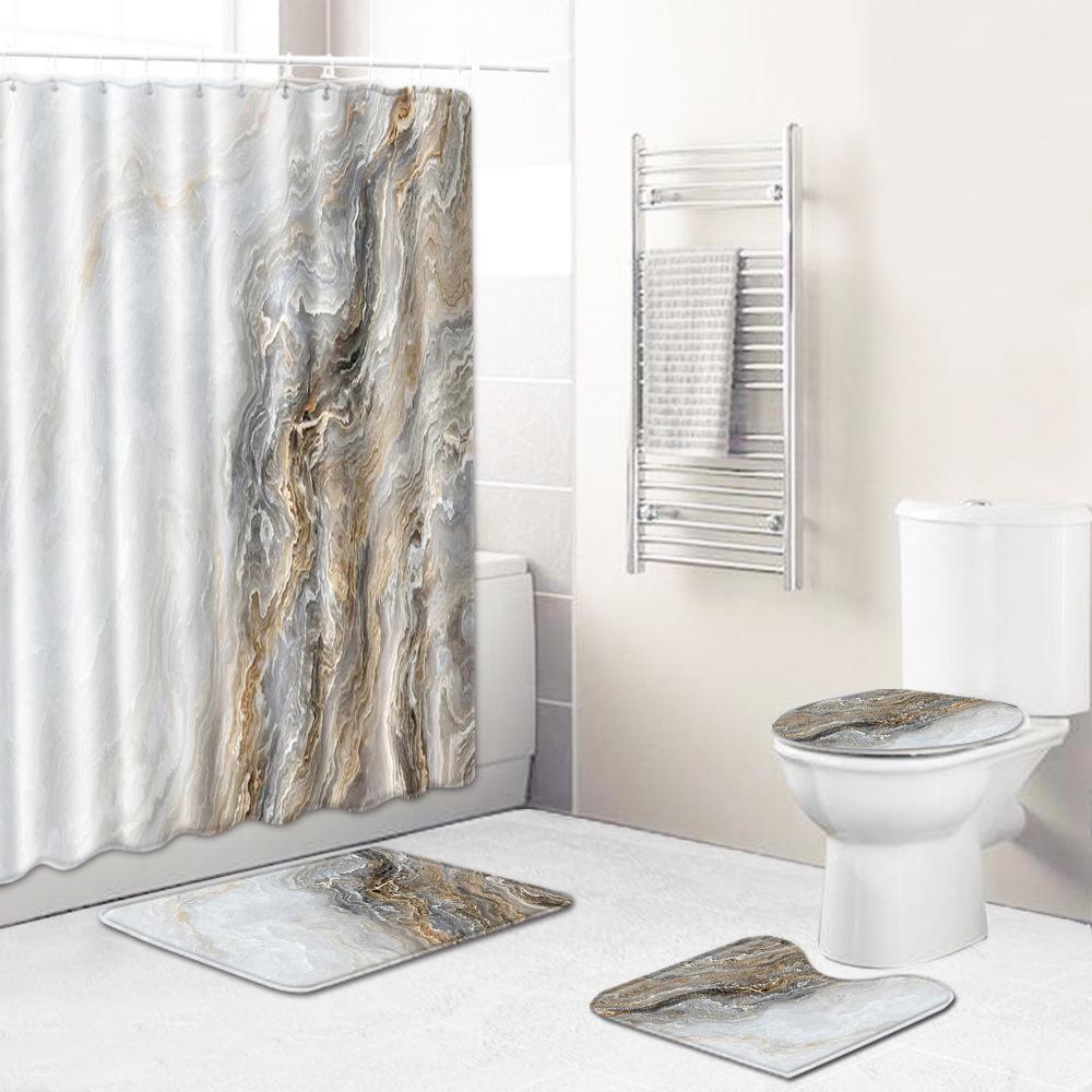 Marble Texture Printing Bathroom Non-Slip Floor Mat Shower Curtain Combination Carpet European And American Style