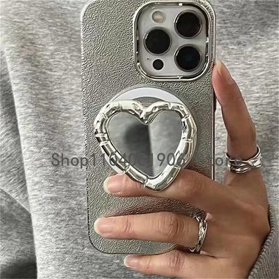 INS Slivery Mirror Heart Foldable For Magsafe Magnetic Phone Griptok Grip Tok Stand For iPhone 16 Wireless Charging Case Holder