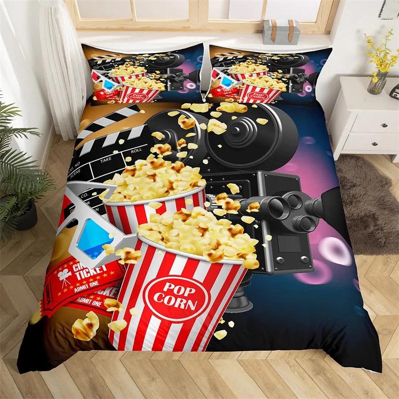 Movie Time Duvet Cover Set Cartoon Popcorn Bedding Set Microfiber Film Pattern Comforter Cover Home Theater Decor Queen Bed Set