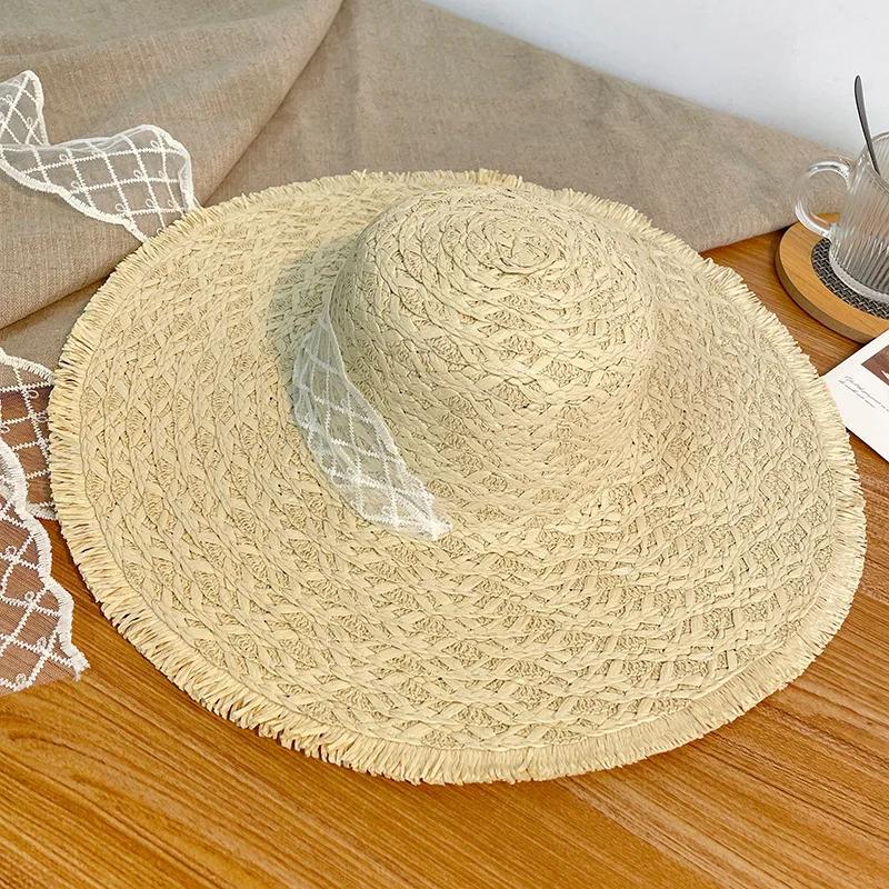 Large Brim Lace Straw Hat Elegant Women Sweet Lace Spring Summer Hollow Breathable Fisherman Hat Seaside Holiday Shade Beach Hat