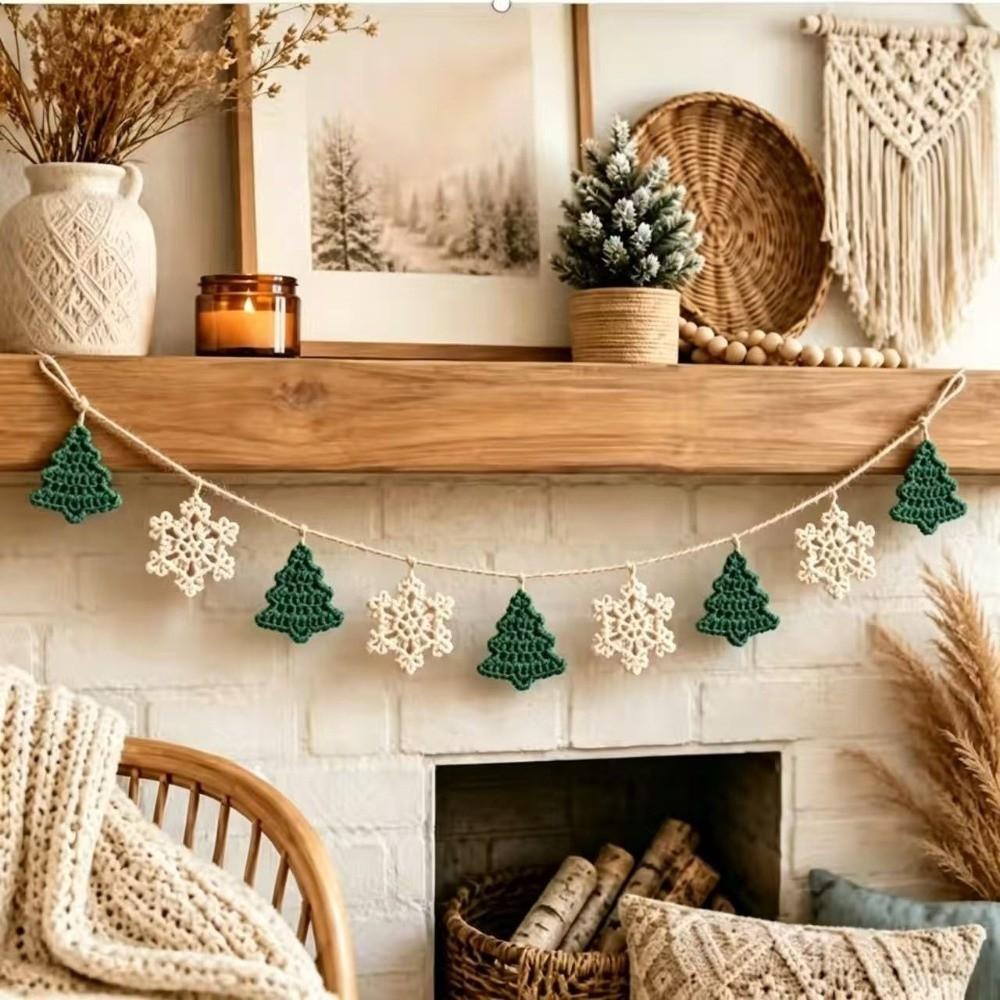 Knitted Christmas Garland Bunting Non-Woven Fabric Holiday Banner Crochet Garland Holiday Decor