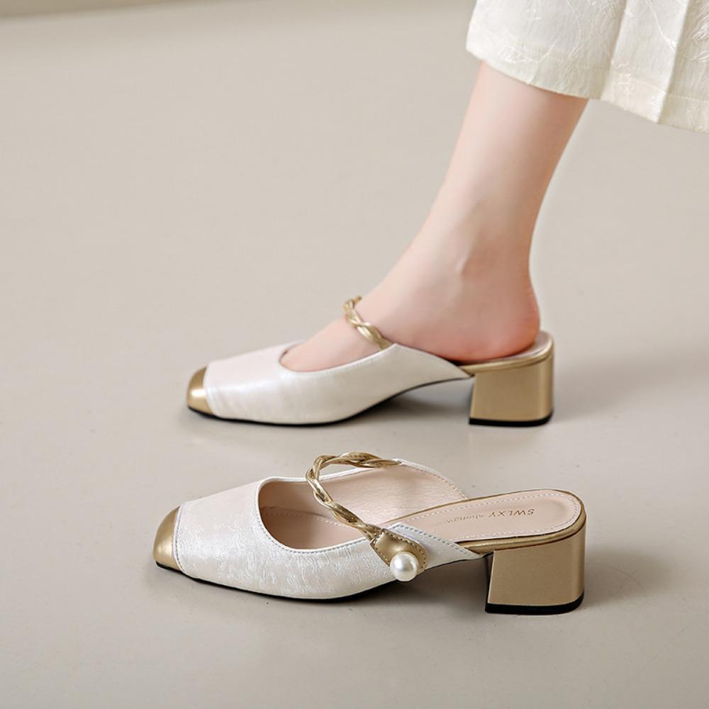 Fashion Baotou High Heel Slippers for Women 2025 Summer Wearing Chinese Style New Chinese Pearl Coarse Heels with Skirts and Slippers