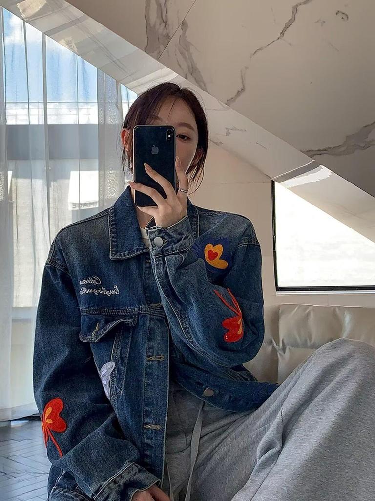 Trendy Unisex Butterfly Washed Denim Jacket - Spring/Autumn Casual Loose Fit