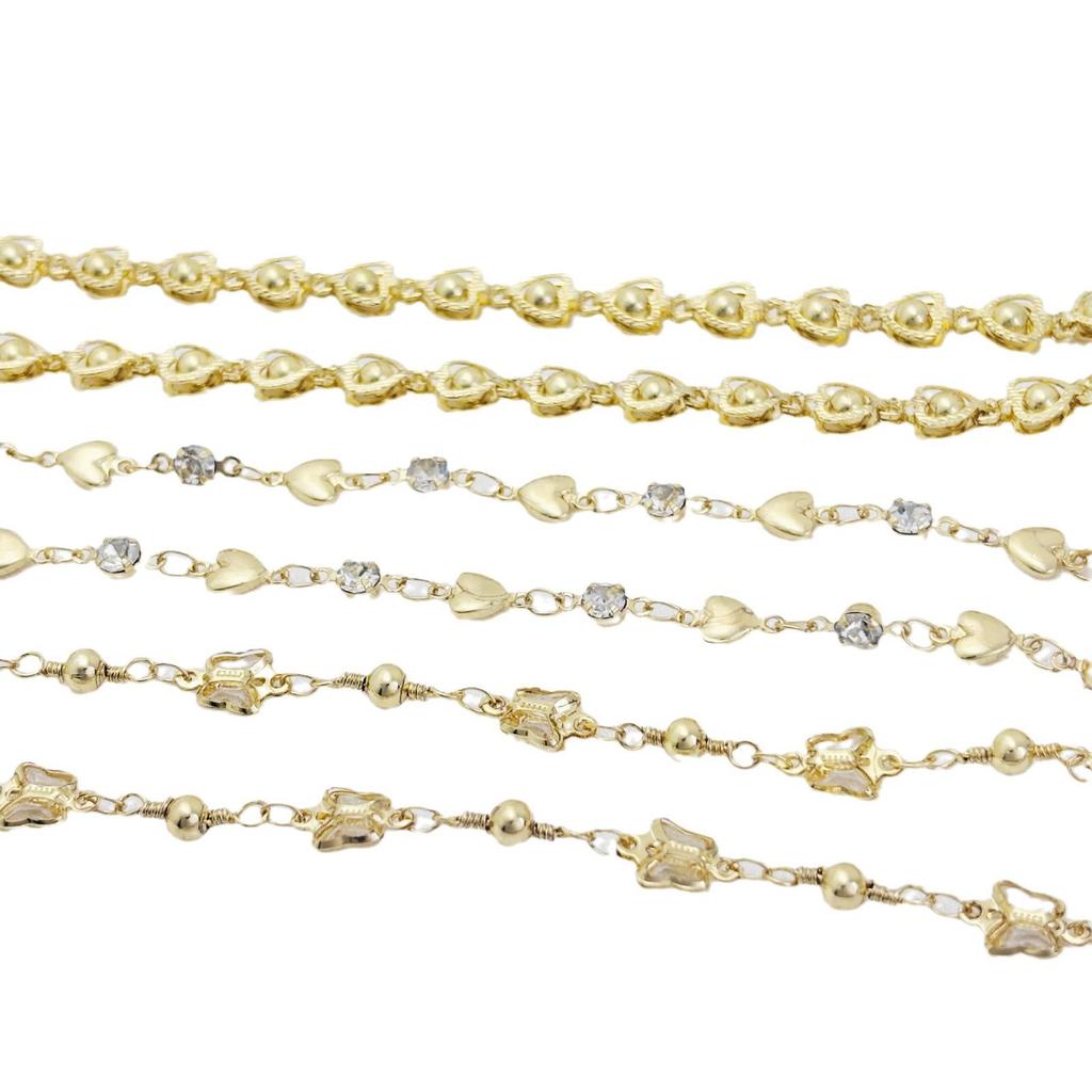 14K Gold-Filled Peach Heart & Butterfly Rhinestone Chain for DIY Jewelry: Bracelet, Necklace & Hair Accessories