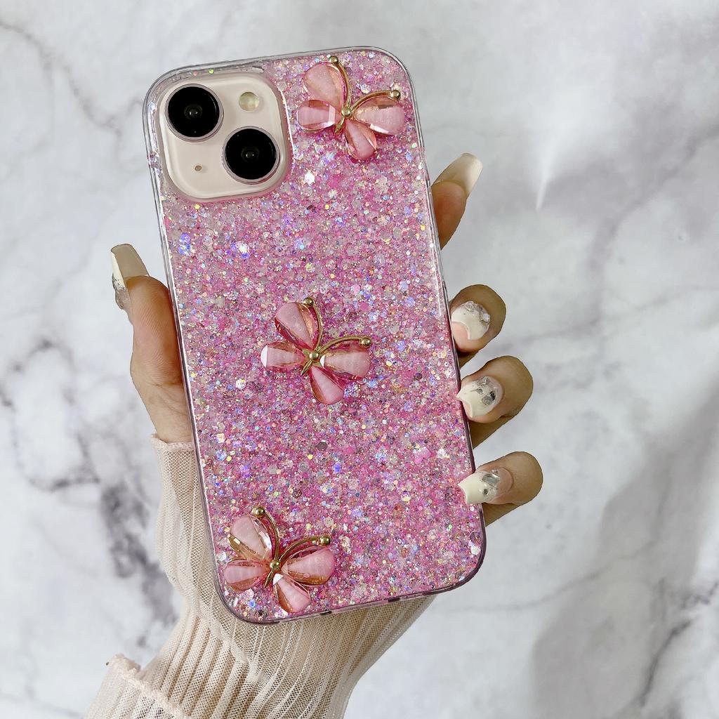 Für iPhone 14 Hülle Weiches TPU Epoxid Glitzer Handyhülle 3D Schmetterlinge Design Ästhetisch